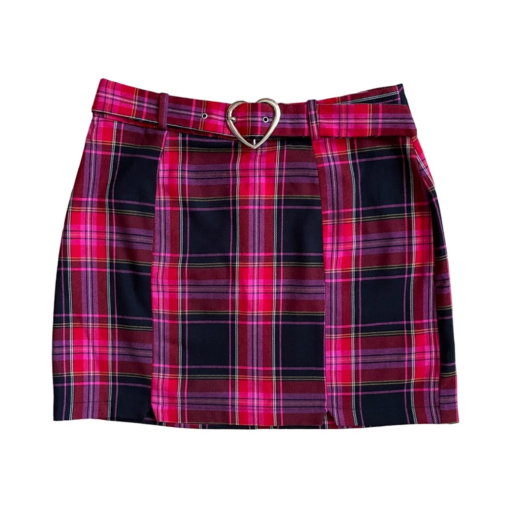 Topshop Punk Hot Pink Red Black Plaid Mini Skirt with Silver Heart Belt Medium